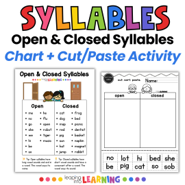 Free printable to teach open syllables and closed syllables—perfect for practicing syllable types with young readers.