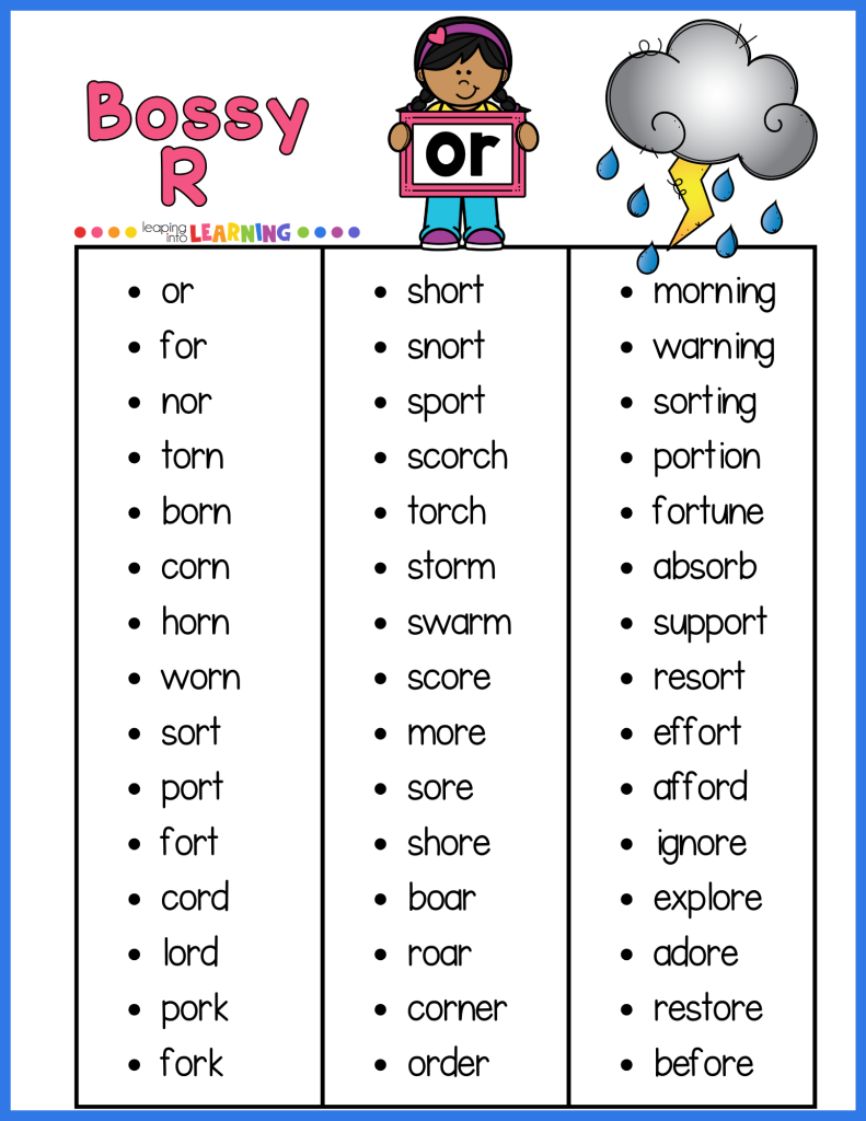 OR words chart showing examples like corn, fork, and storm