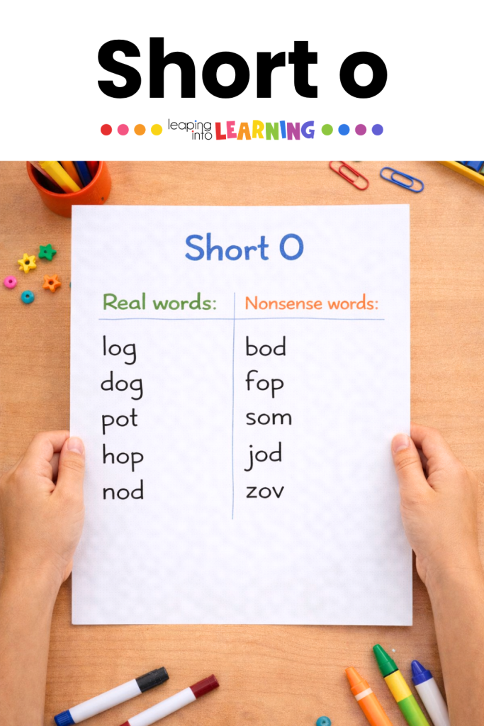Short o word list with real and nonsense words to practice short vowel sounds and vowel sounds at home
