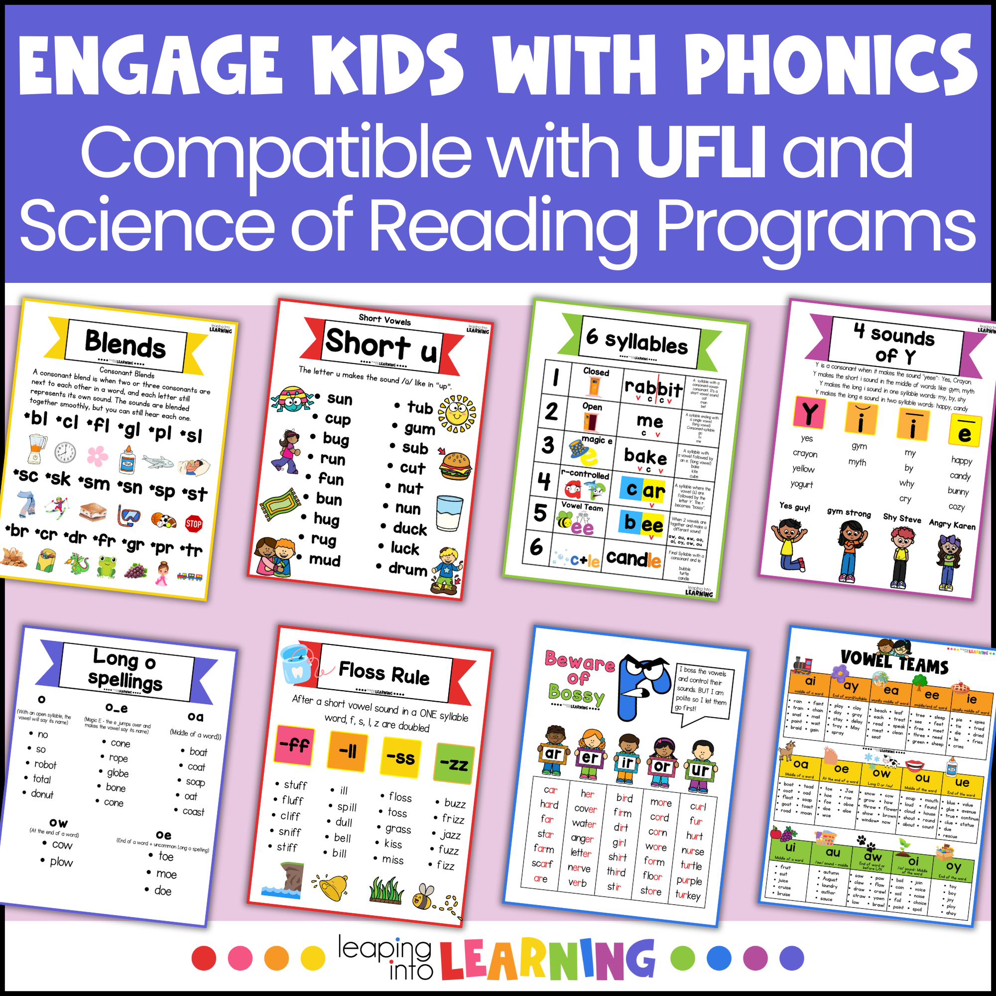 Anchor charts showing phonics rules like Magic E and Jobs of Silent E, designed as fun ways to practice spelling words.