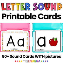 Cover image of alphabet and letter sound cards featuring uppercase and lowercase letters with picture cues for phonics and early reading.