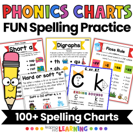 Cover page showing phonics charts and anchor charts for teaching spelling rules to early readers.